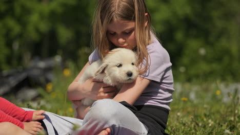 young caucasian girl hugging golden retriever puppy in meadow