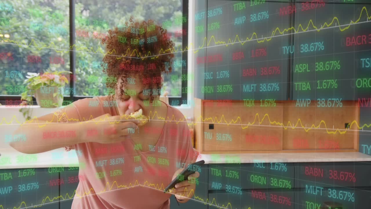 Woman tapping phone monitoring markets while slicing avocado, tickers overlaying frame, tasting