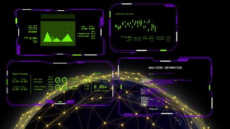 animation of digital data processing on screens and globe over black background