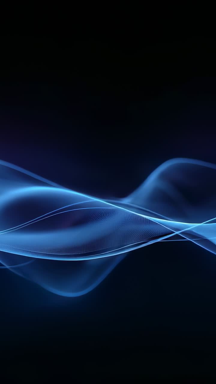 Vertical video: Looping blue ribbons shifting on dark backdrop, lines crossing calming purple glow