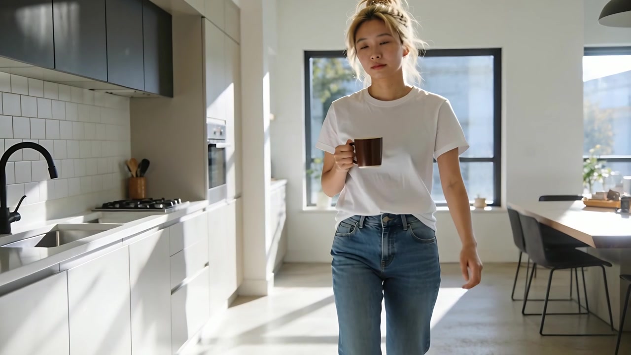 Donna in maglietta bianca e jeans si allontana dalla finestra, cammina con una tazza scura, attraversando la cucina verso l'ingresso.