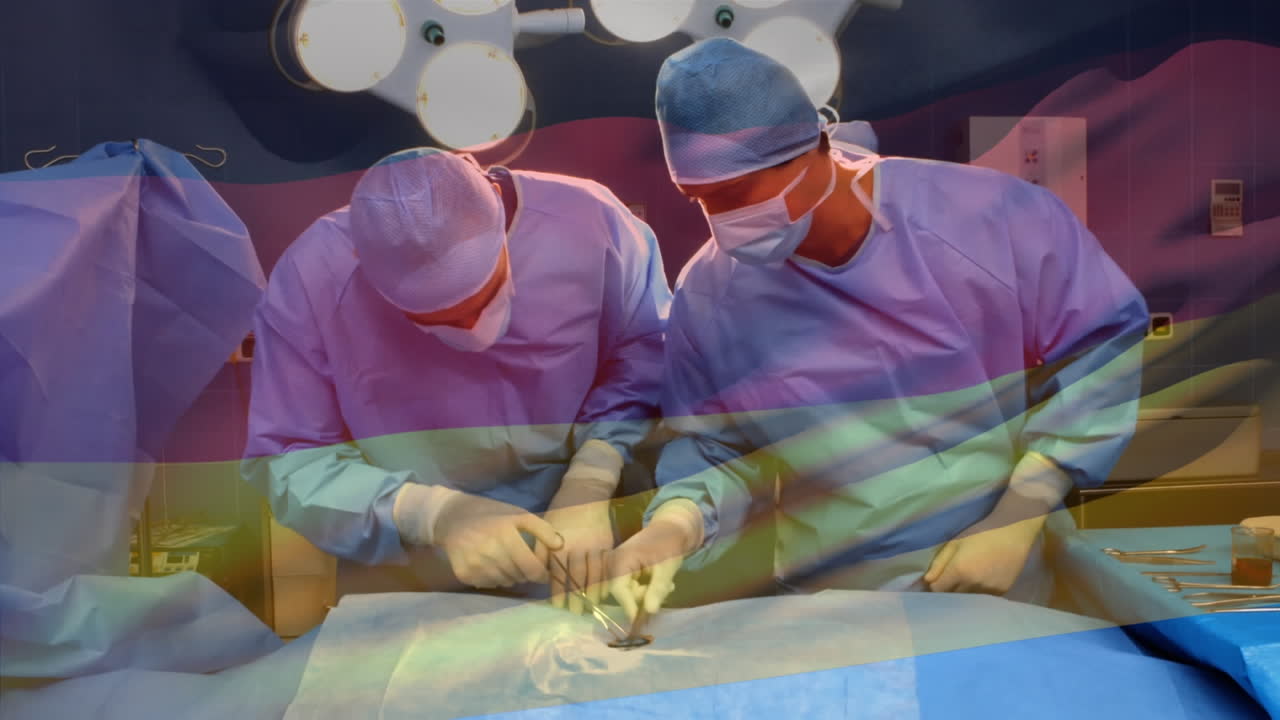 animación de la bandera de alemania ondeando sobre los cirujanos en el quirófano