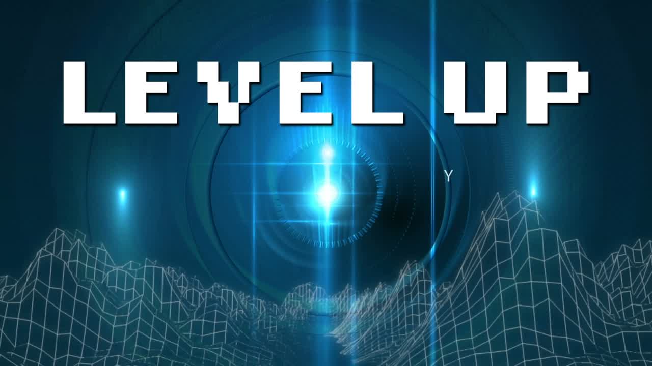 Animation of level up over blue circles and metaverse landscape