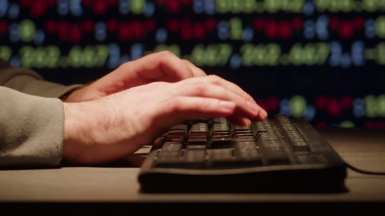 밤에 키보드에서 타이핑하는 사람