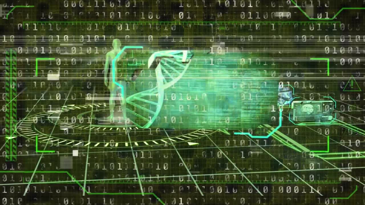 animación de la interfaz con procesamiento de datos médicos contra codificación binaria contra fondo negro.