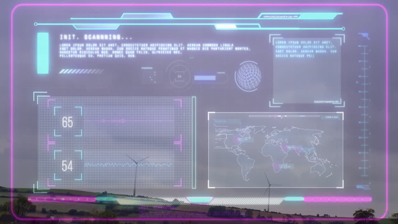 Displaying animation, futuristic digital interface with global map in neon colors