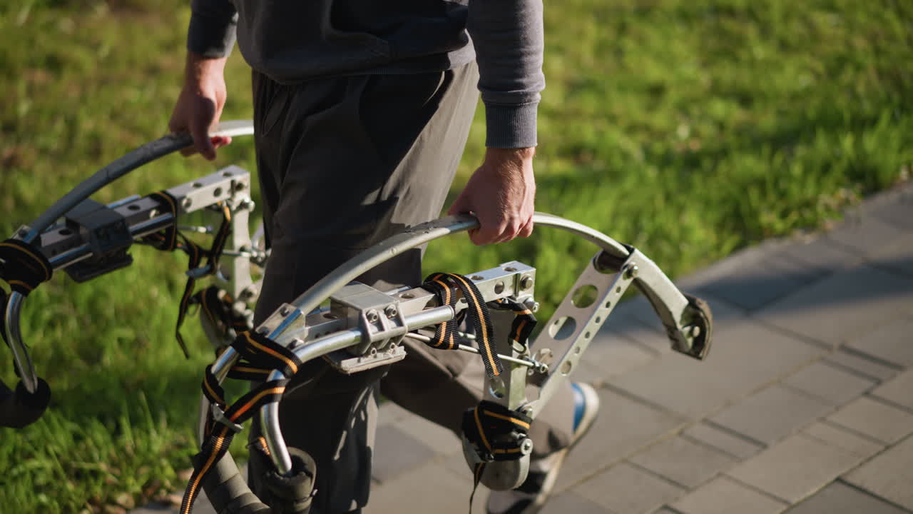 금속 스프링 로드 스을 들고 다리에 눈에 띄는 어두운 옷을 입고 는 사람, 야외에서 잔디를 배경으로 한 포장 된 표면, 스에 초점을 맞춘 낮은 카메라 각도