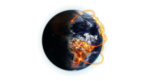 orange network on a shaded and cloudy earth with a grid with earth image courtesy of nasa.org