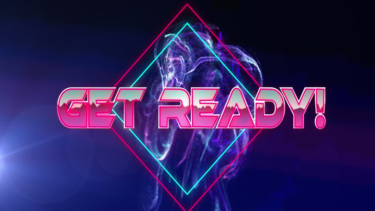 Animation of get ready text banner over blue digital wave and light spot against black background