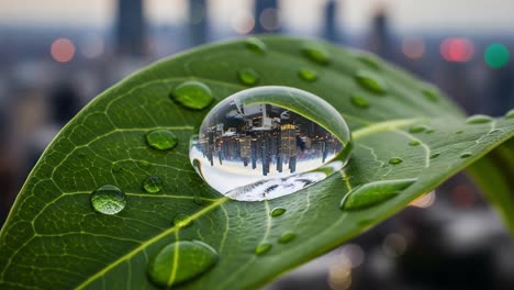 a stunning macro view of a leaf with water droplets reflecting a cityscape, showcasing nature's beauty and urban reflections