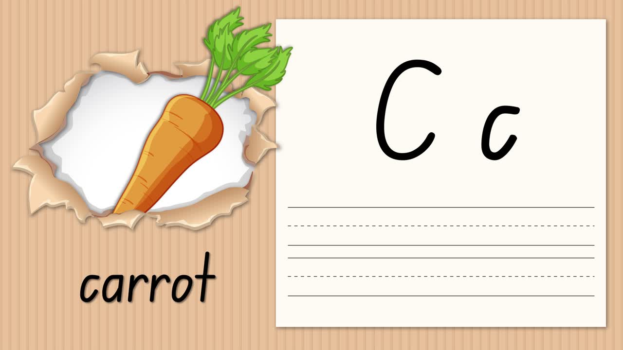 Un video educativo animato dimostra la scrittura della lettera C accanto a un'illustrazione di una carota su uno sfondo di cartone.