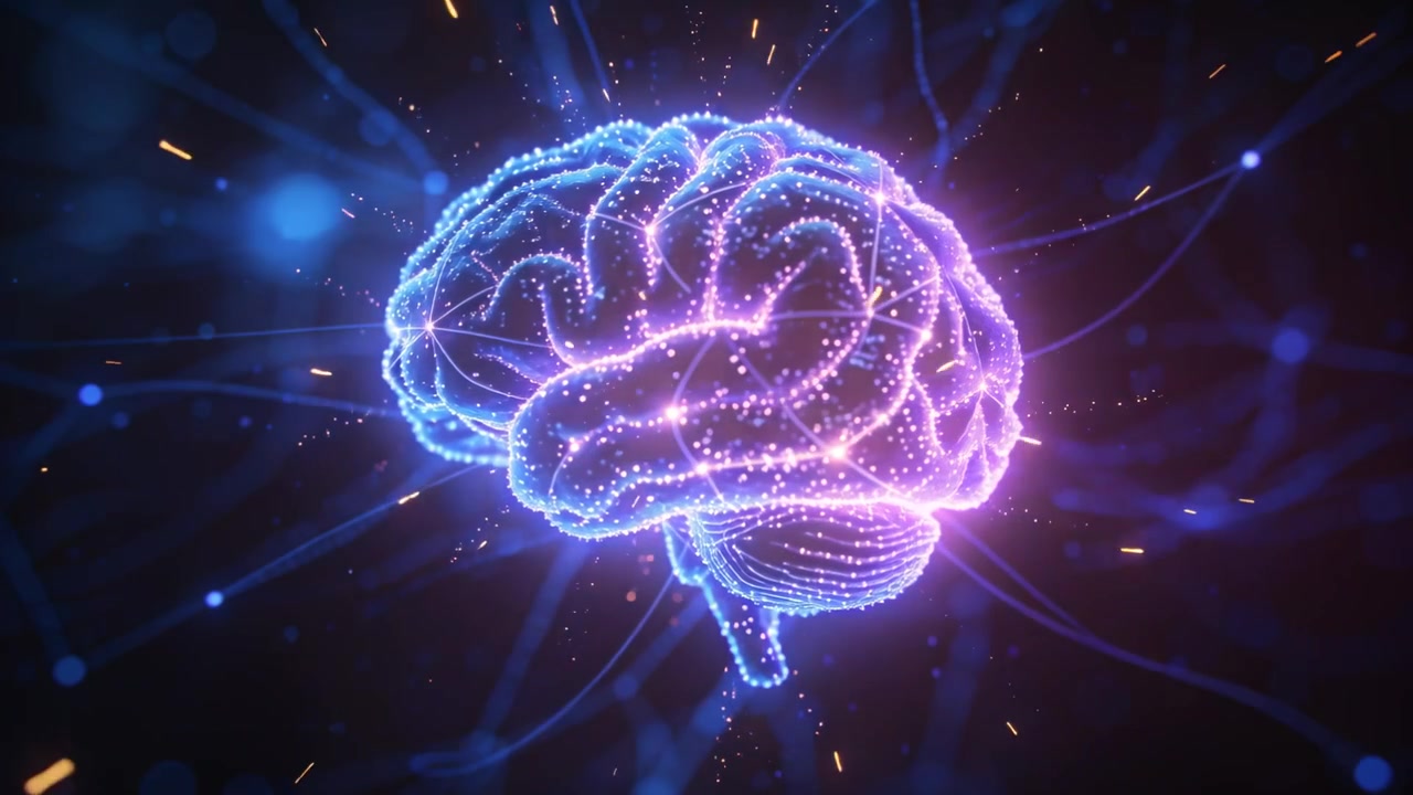 Cervello emergente che pulsa, illuminando i nodi ed emettendo scintille arancioni con filamenti in uno spazio violetto.