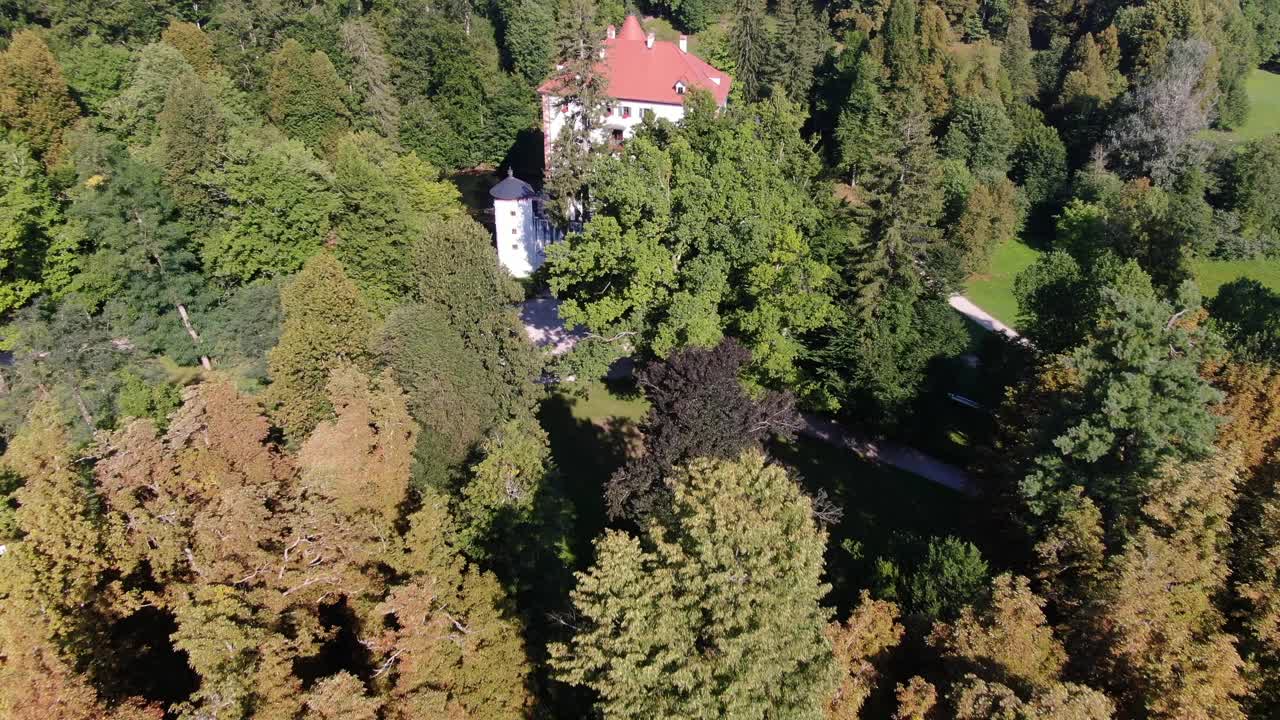 A drone shot over a Castle Snežnik in Slovenia
