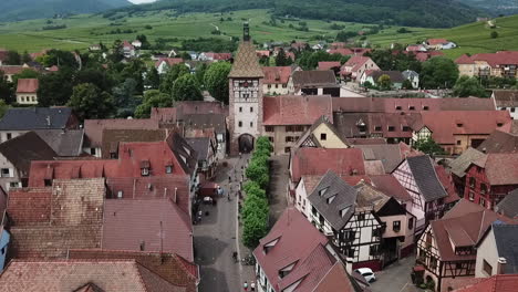 a stationary aerial footage of the clock tower surrounded by houses and the grassland