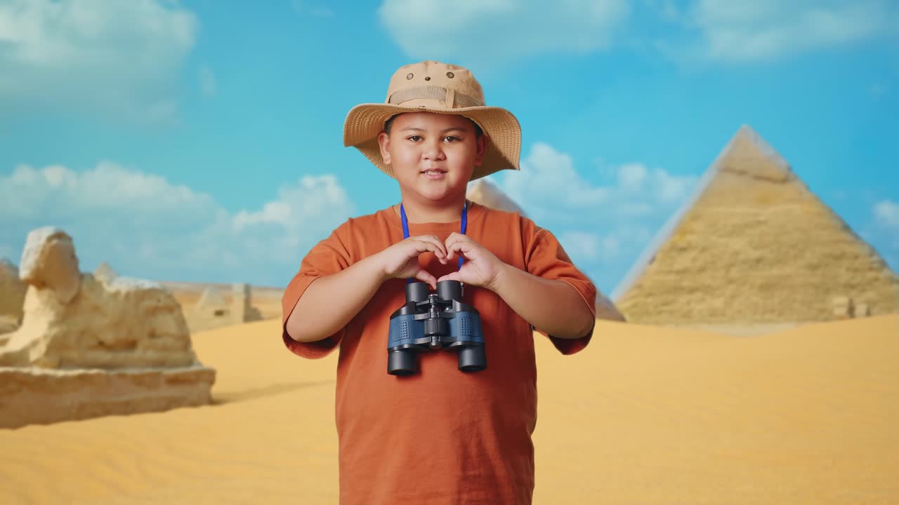 Asian Boy With A Hat And Binoculars Making Heart Shape Gesture While Traveling In Giza Pyramid. Boy Researcher Examines Something, Travel Tourism Adventure Concept