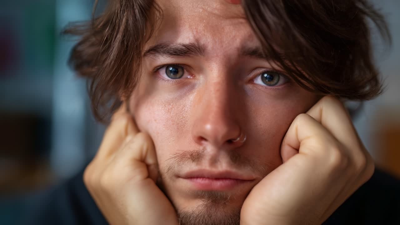Un giovane uomo pensieroso con tratti unici riflette sui suoi pensieri mentre poggia il mento sulle mani, trasmettendo emozioni di preoccupazione e introspezione