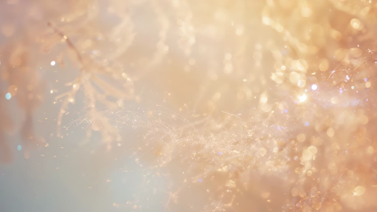 マクロでカメラが焦点を合わせ、きらめく金のボケと細い糸の集合が火花を散らす様子。