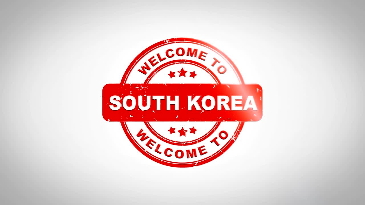 Welcome to south korea Signed Stamping Text Wooden Stamp Animation. Red Ink on Clean White Paper Surface Background with Green matte Background Included.