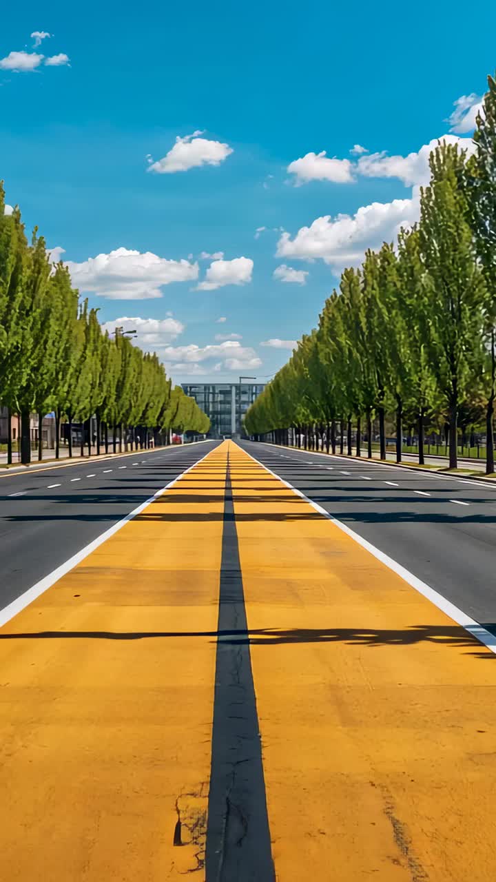 Vertical video: Advancing camera along yellow median dark stripe on road, leading to low building