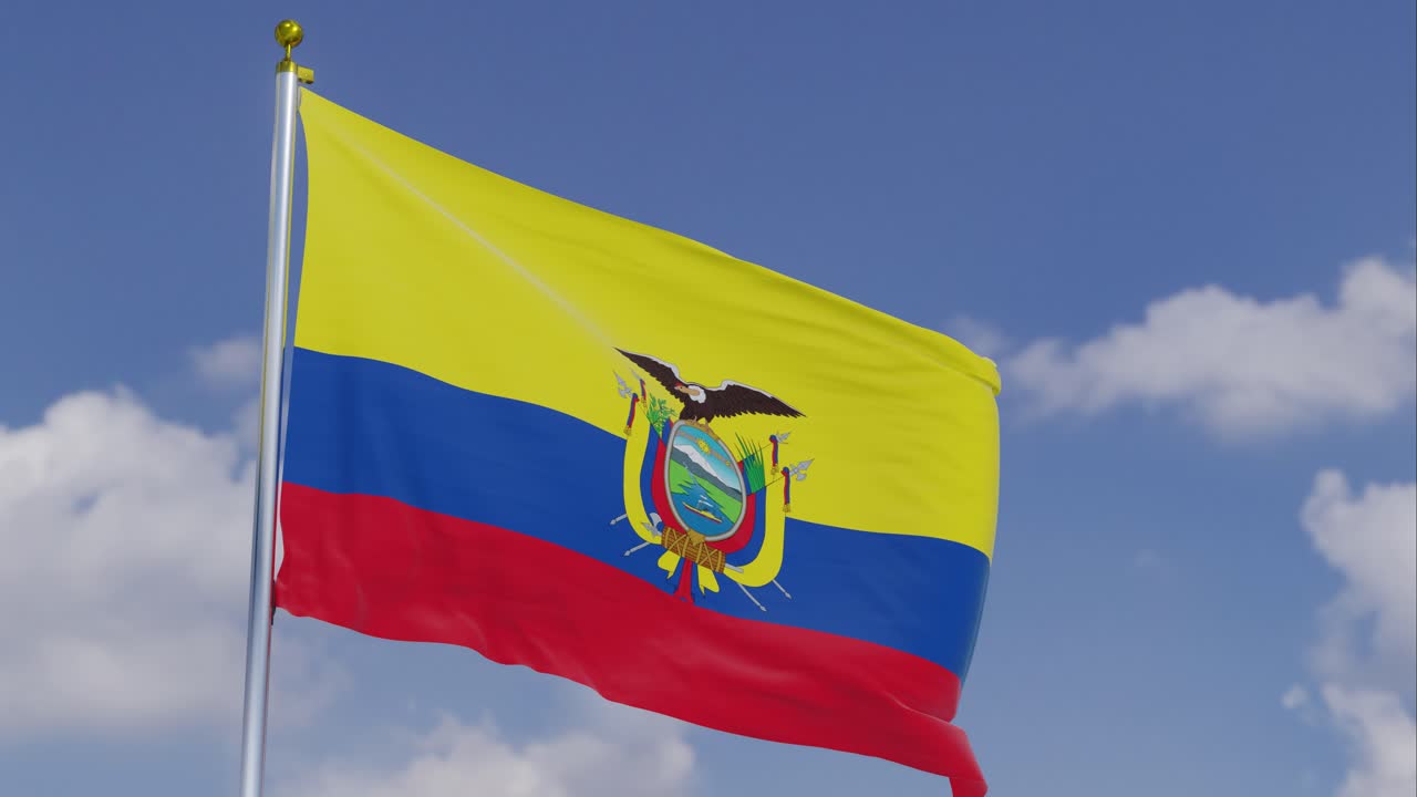 Flag Of Ecuador Moving In The Wind With A Clear Blue Sky In The Background, Clouds Slowly Moving, Flagpole, Slow Motion