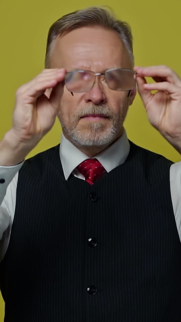 Funny big eyes of an old man through glasses. Mature man holding eyeglasses in front of his face. Positive emotions. Vertical video