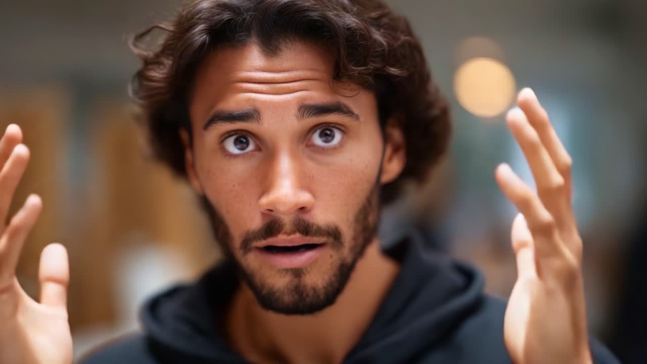 A man expresses a range of emotions through his facial expressions, highlighting feelings of anxiety and surprise in a casual indoor setting