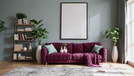 modern living room interior with burgundy sofa, plants, and bookshelf