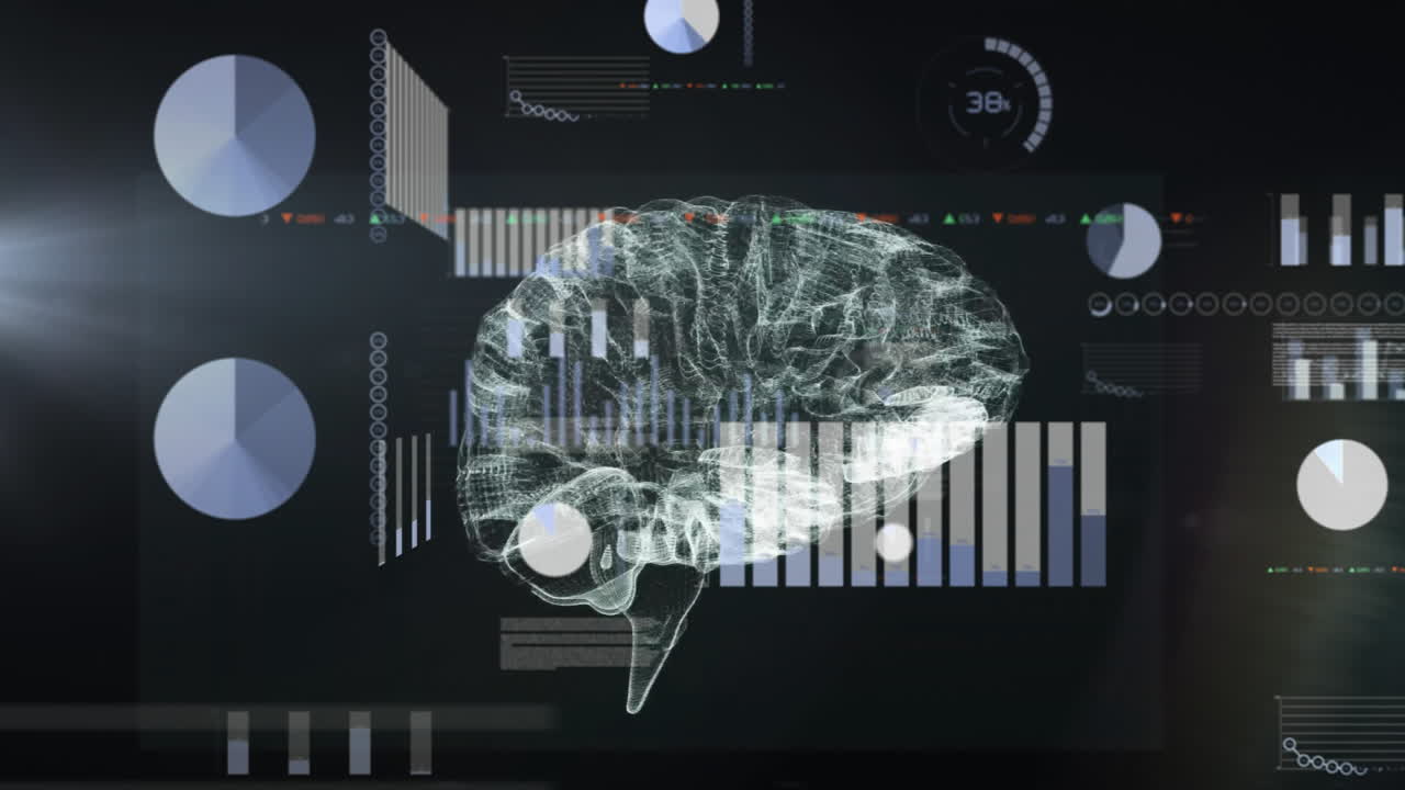 검은색 배경에 디지털 뇌를 통해 금융 데이터 처리의 애니메이션