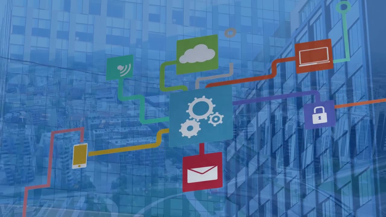 animación de iconos de medios sobre el paisaje urbano