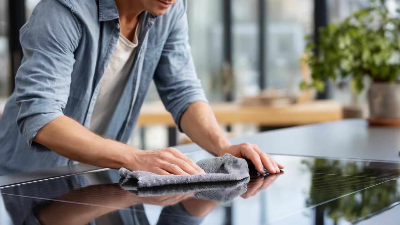 A person diligently cleaning a smooth surface with a cloth, showcasing their focus and attention to detail while maintaining a clean and tidy environment in a modern, well-lit space