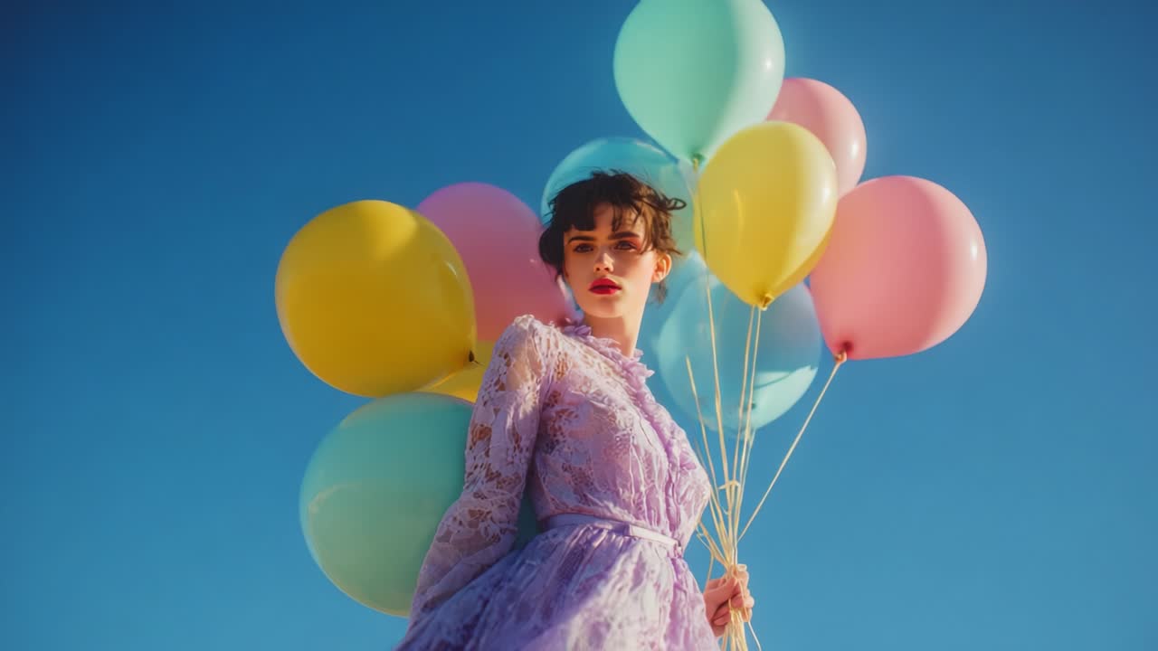 A joyful young woman in a beautiful lace dress stands against a clear blue sky, holding colorful balloons that symbolize celebration, happiness, and whimsy, creating a stunning visual of fun and joy