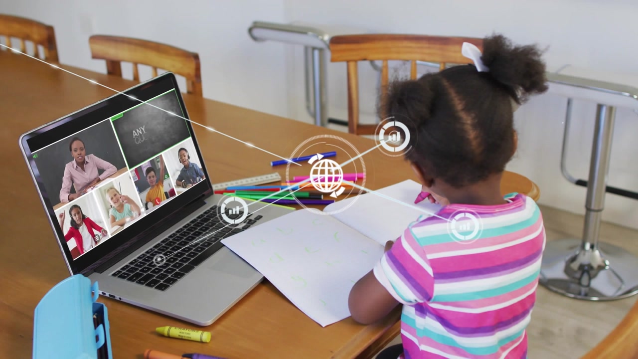 Girl student leaning forward on table joining virtual class for learning with network overlay