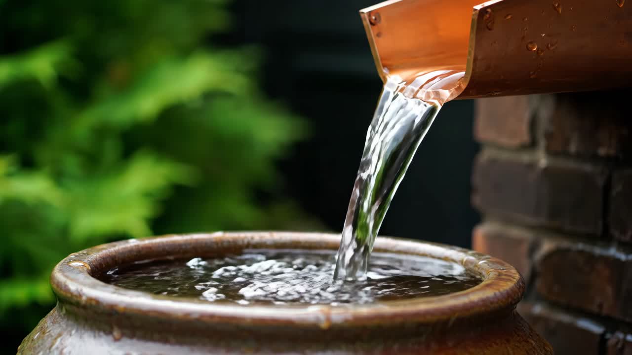 Water flowing from copper gutter into container