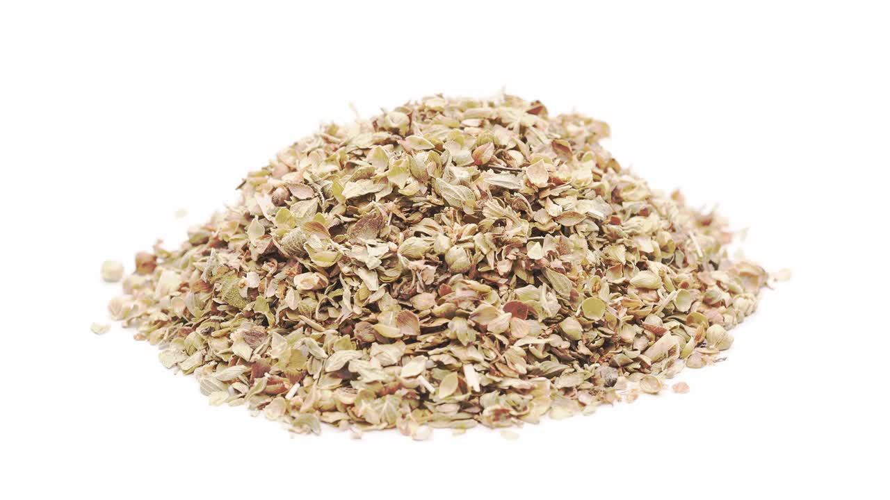 Dried oregano isolated on white, seamless loop rotation