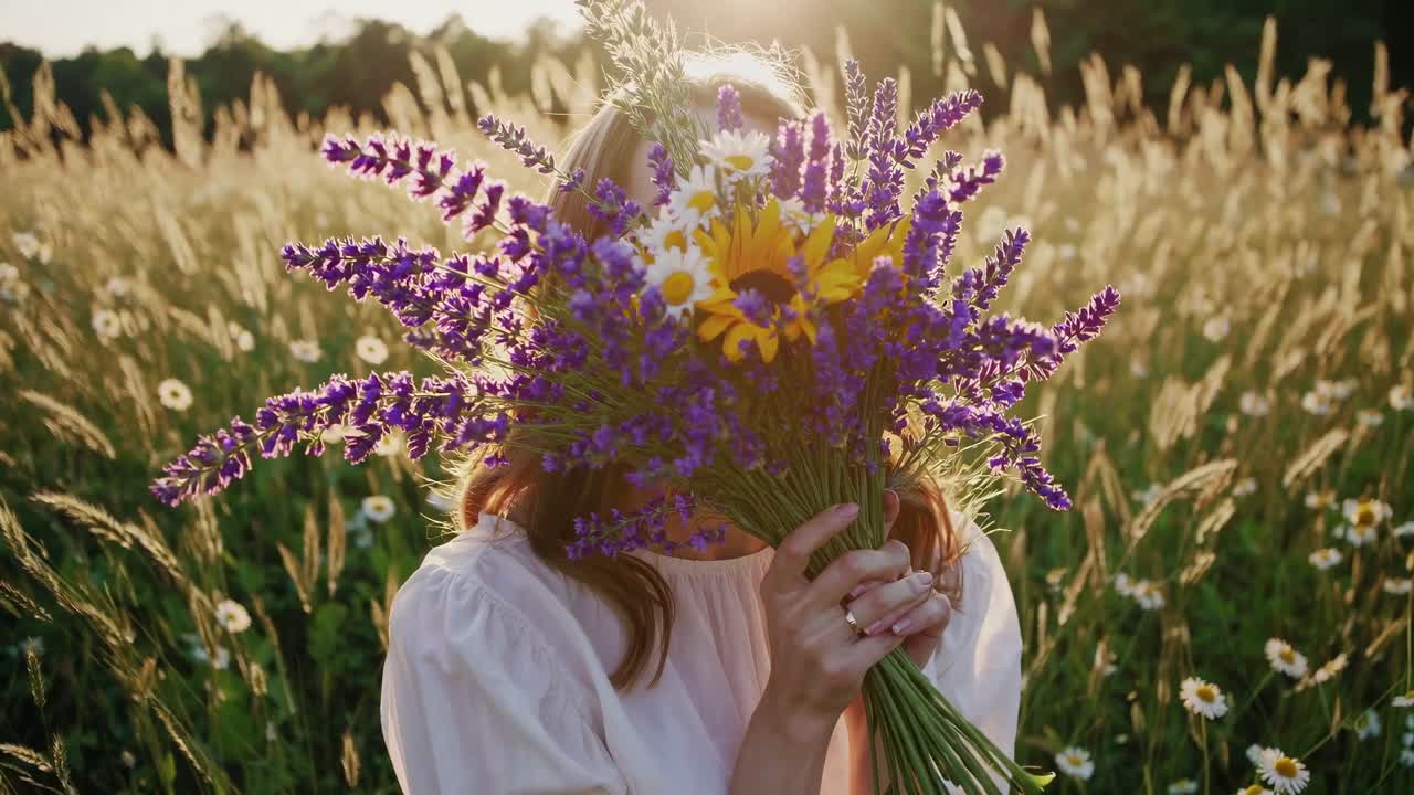 A woman in a field holds wildflowers, obscuring her face. Captured at eye level, the video conveys