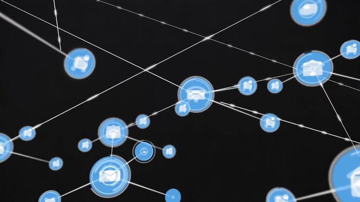 Animation of network of digital icons against black background