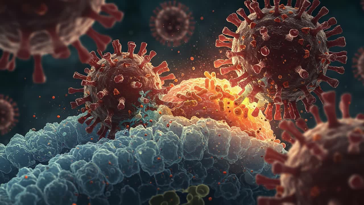 Microscopic View of Viruses Interacting with Cell Structures: A Stunning Illustration of Pathogen Dynamics and Cellular Response Under High Magnification