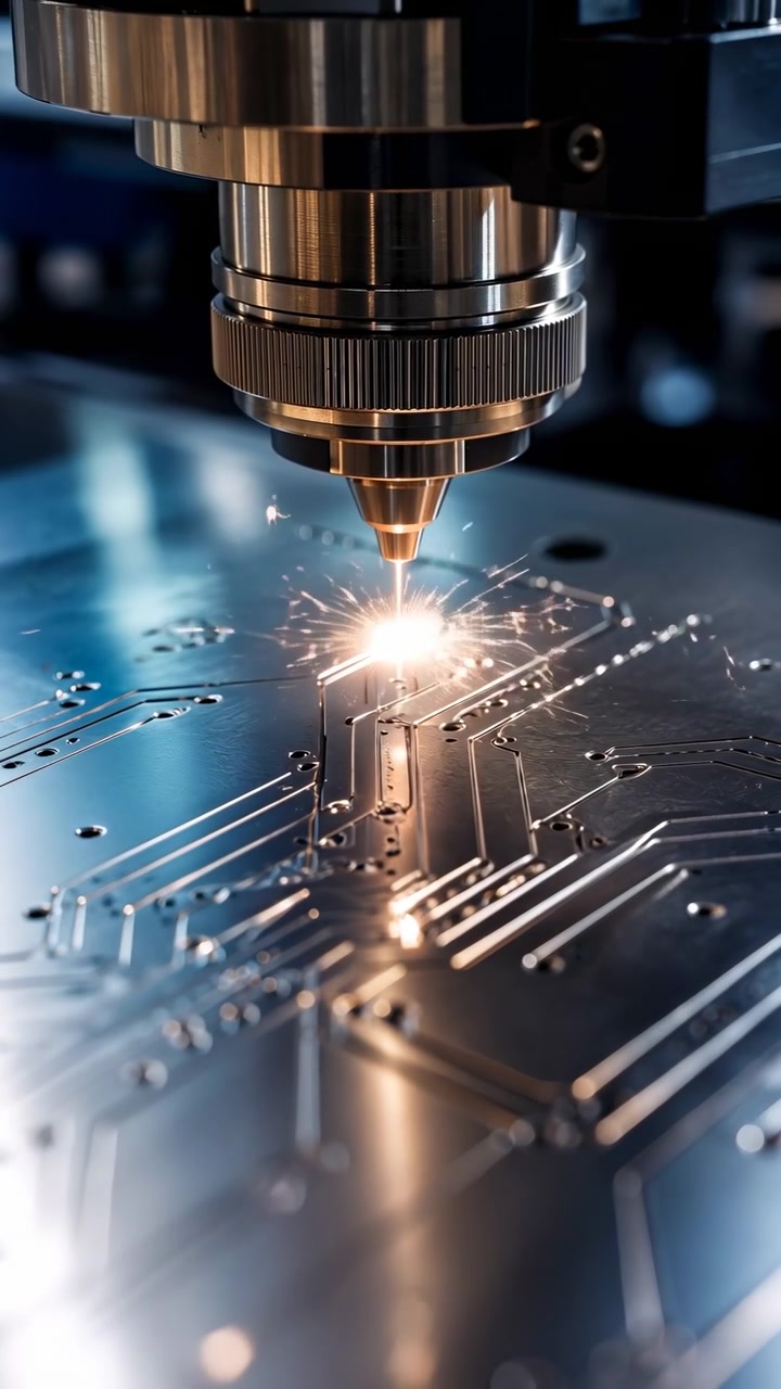 Close view shows precision laser tool working over circuit board pathways with glowing contact point, reflective metal surface, and controlled industrial lighting during electronic production process.