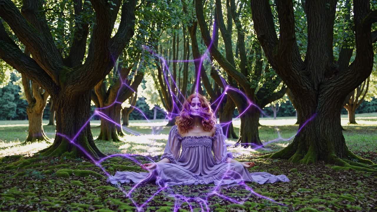 Serene redhead woman meditating in lotus position, surrounded by luminous purple energy field within mystical, ethereal forest landscape, embodying spiritual wellness and inner harmony