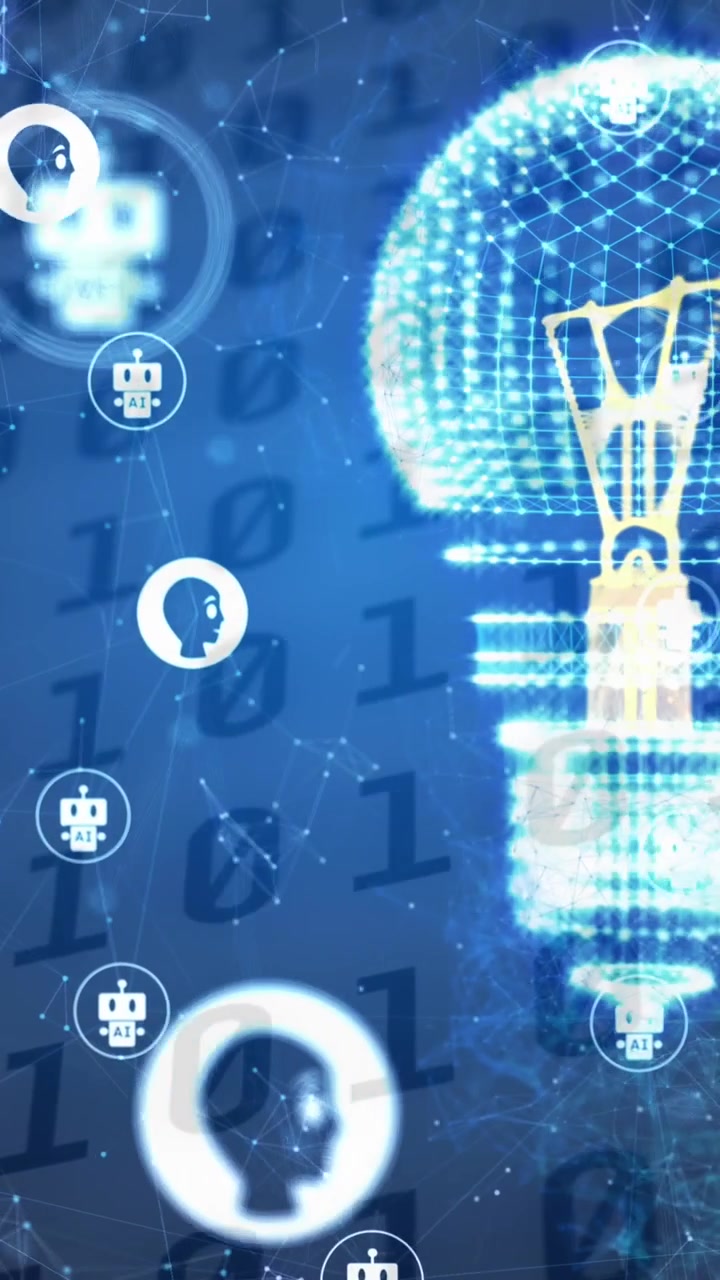 Animation of digital icons spinning over electric bulb against binary coding data processing