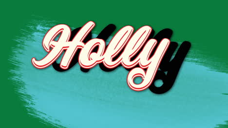 Animation of christmas tree and window over holly text on green background