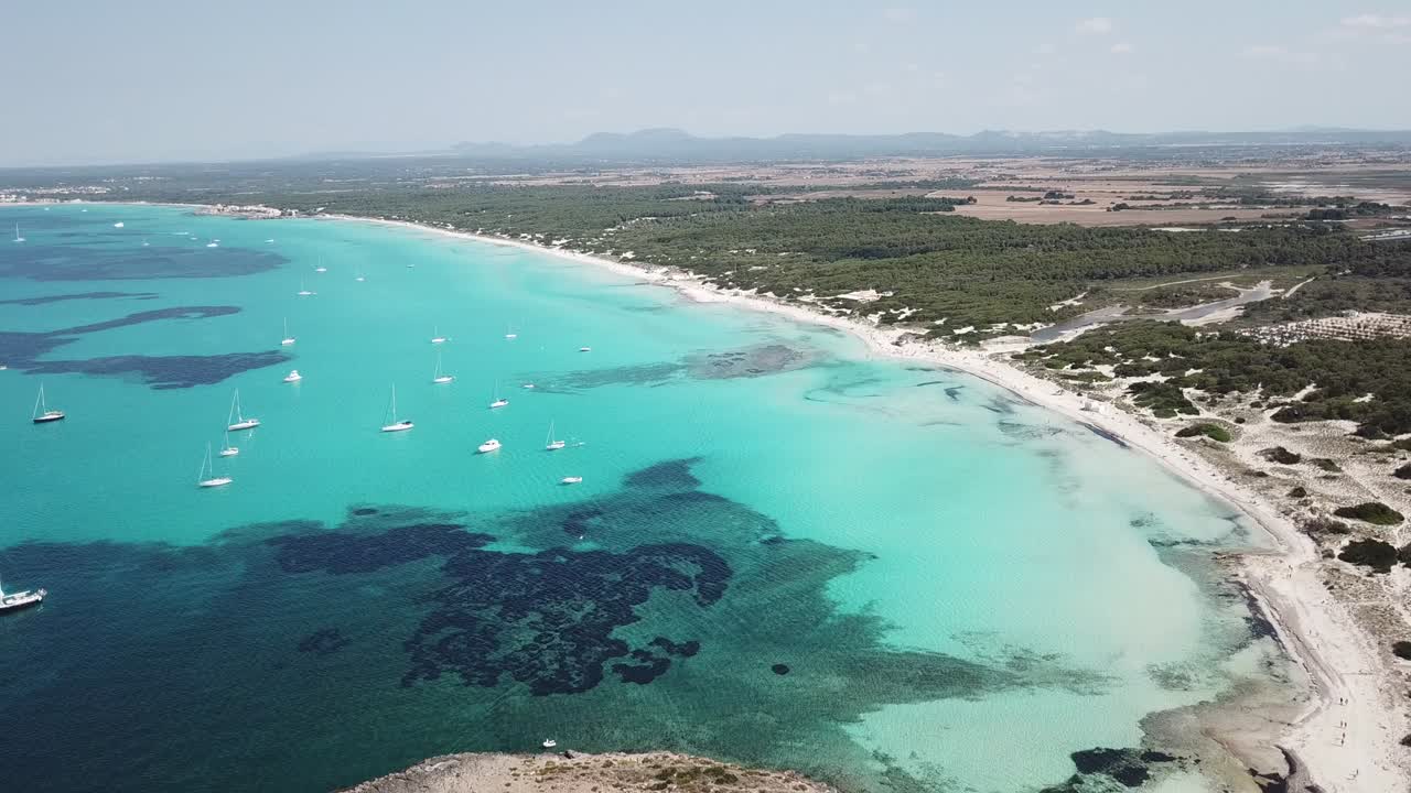 Imponerende drone-luftfoto af den charmerende strand Es Trencs. Den er kendt som Mallorcas caribiske strand. Spanien.