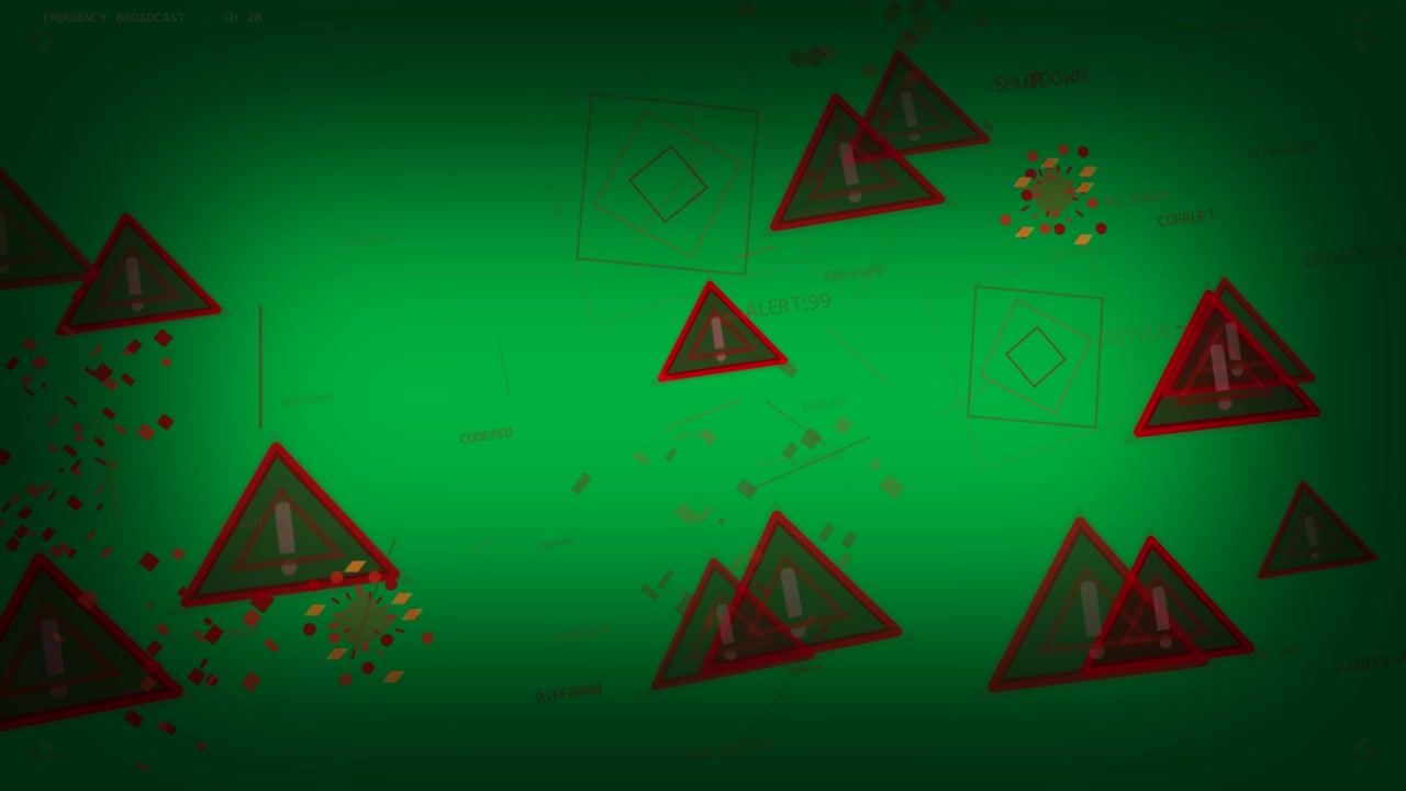 Orange nodes bursting, alert HUD spawning triangles rotating frames warnings transparent background