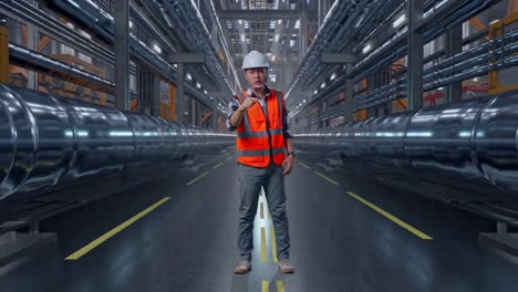Full Body Of Angry Asian Male Engineer With Safety Helmet Shouting At Someone While Standing With Metal Pipes