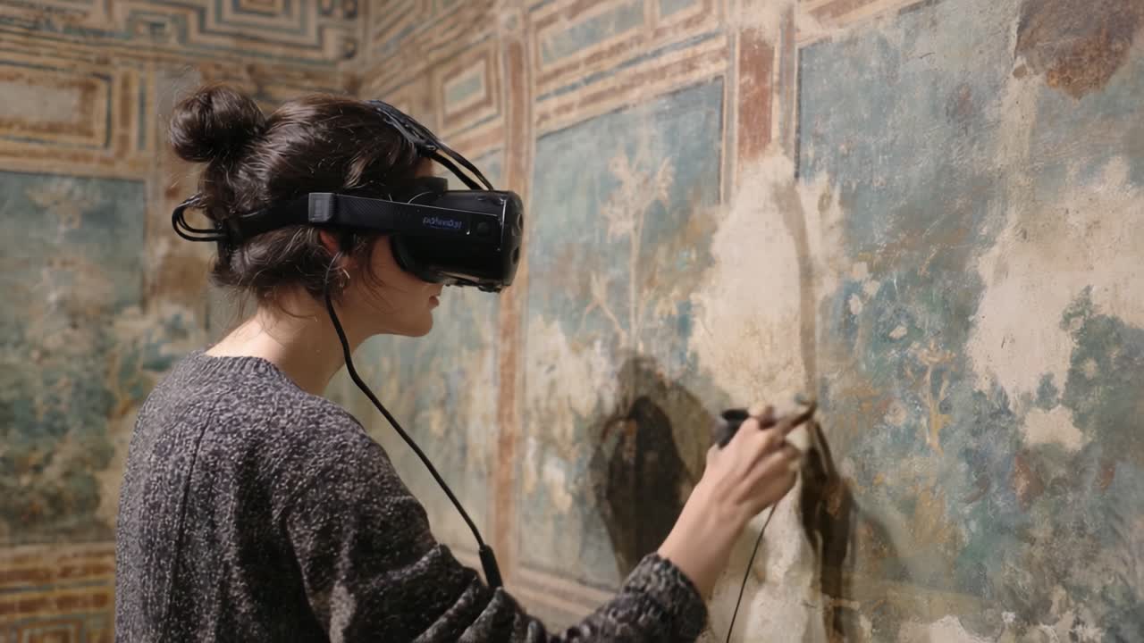 Virtual Reality Museum Restoration: A Skilled Conservator Uses VR Technology to Analyze and Restore Ancient Wall Paintings with Modern Equipment in a Historical Setting