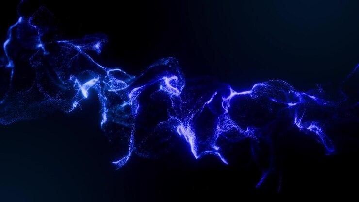 Movimento fluido di particelle di energia blu luminose su sfondo nero