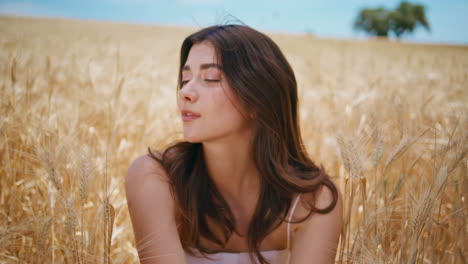 dreaming girl resting rural nature closeup. country lady enjoying summer breath