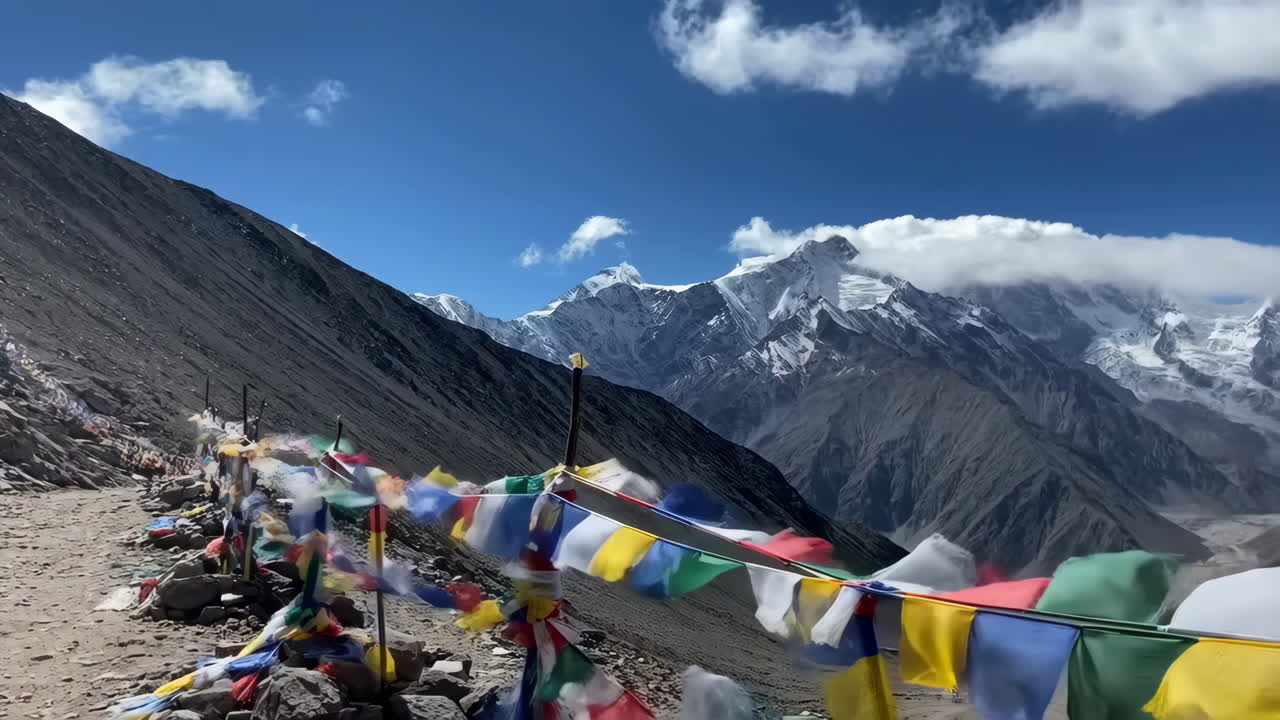 Himalayan Mountain Landscape with Colorful Prayer Flags