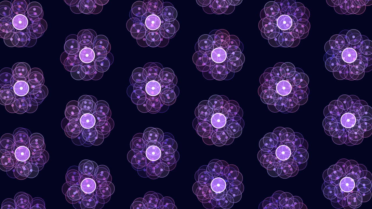 Un design astratto con cerchi blu e viola disposti in uno schema circolare su uno sfondo nero. I cerchi variano in dimensione e colore, alcuni si sovrappongono e altri sono distanziati.
