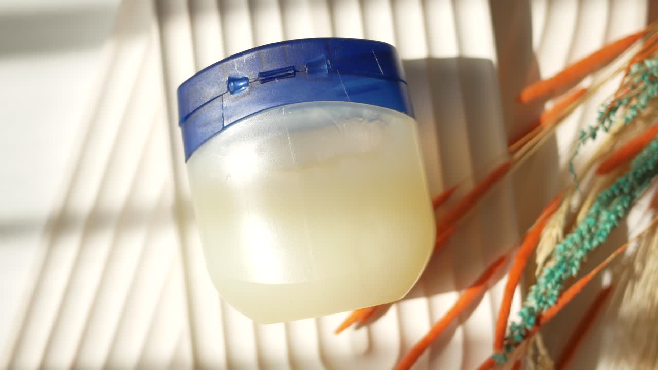 frasco de crema con flores secas